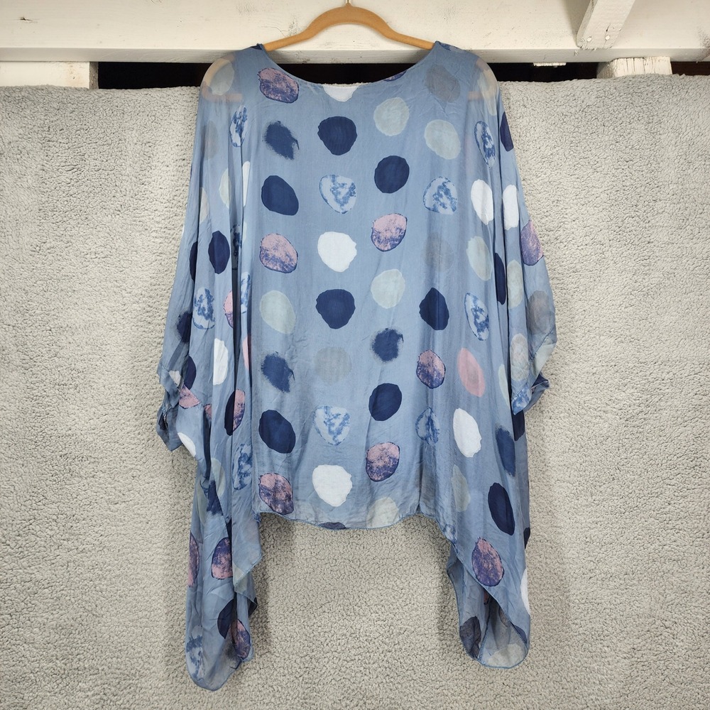 Made in Italy Silk Blend Polka Dot Ponho Top Blue Painterly Layered Lagenlook - Picture 4 of 14
